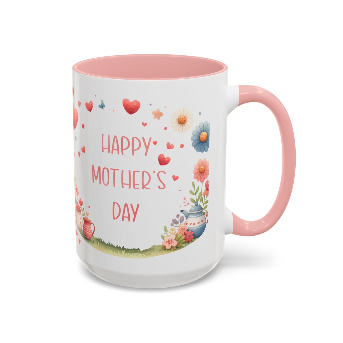 Mother’s Day Accent Coffee Mug — Pink Floral Hearts "Happy Mother's Day"