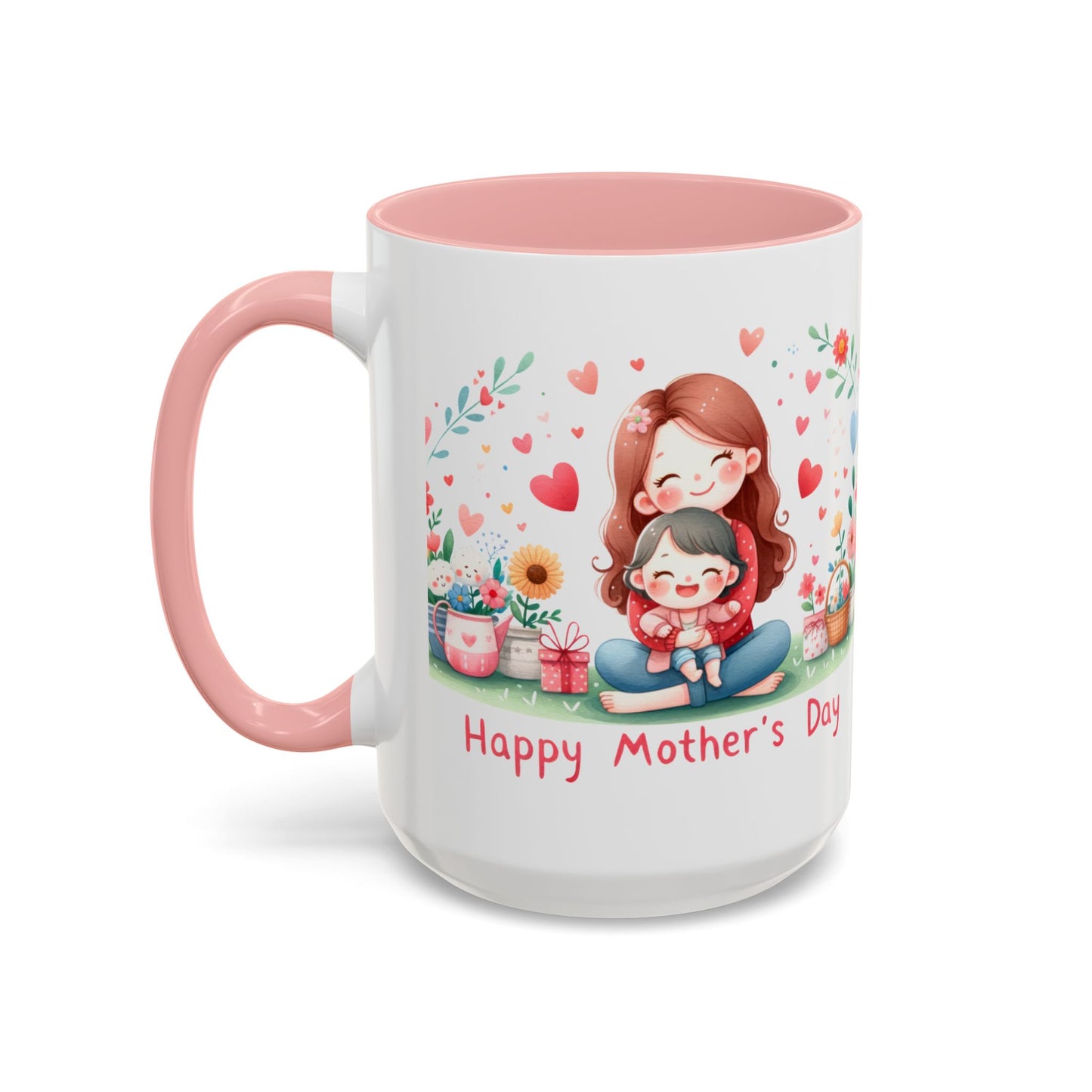 Mother's Day Coffee Mug – Sweet Mom and Child Illustration, "Happy Mother's Day" Accent Mug (11/15oz)