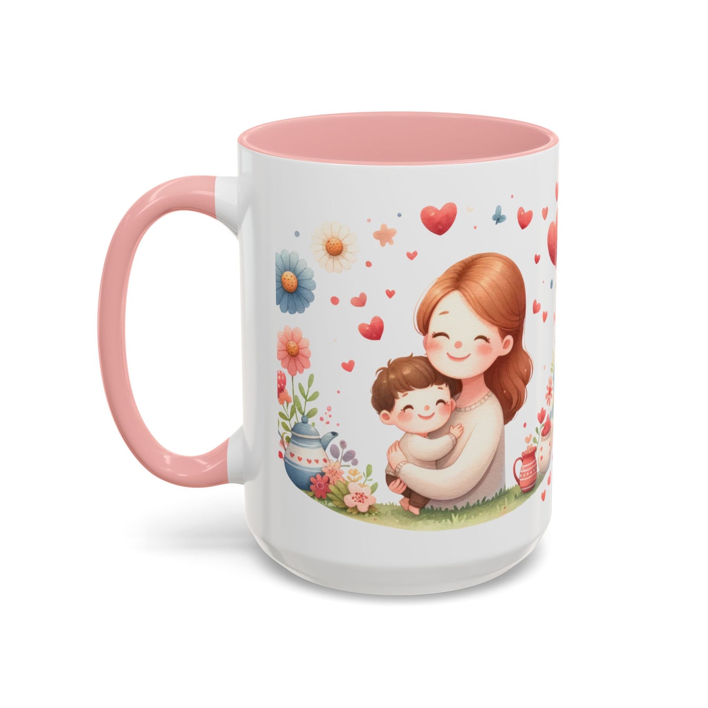 Mother’s Day Accent Coffee Mug — Pink Floral Hearts "Happy Mother's Day"