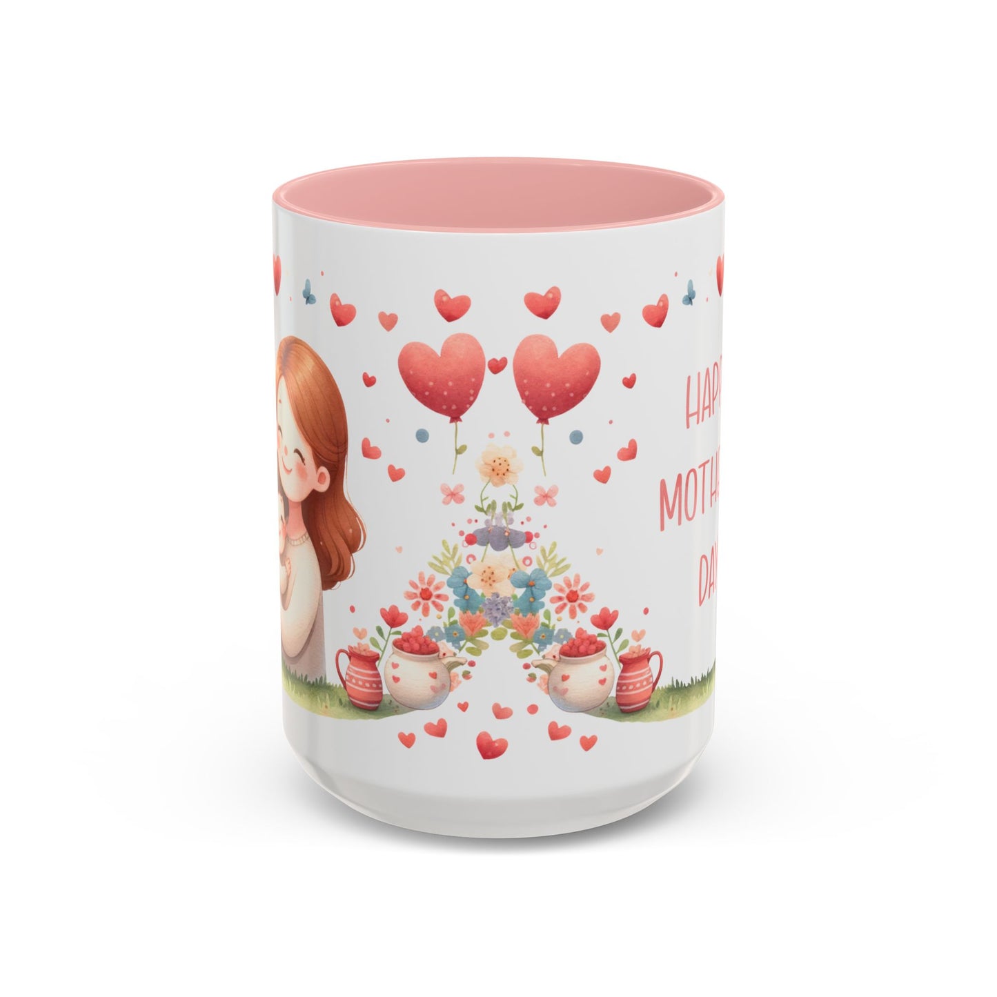 Mother’s Day Accent Coffee Mug — Pink Floral Hearts "Happy Mother's Day"