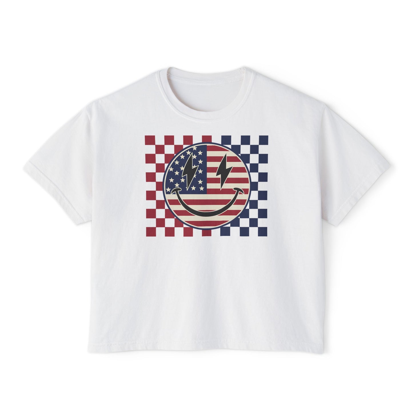 American Flag Smiley Boxy Tee – Patriotic Checkerboard Graphic