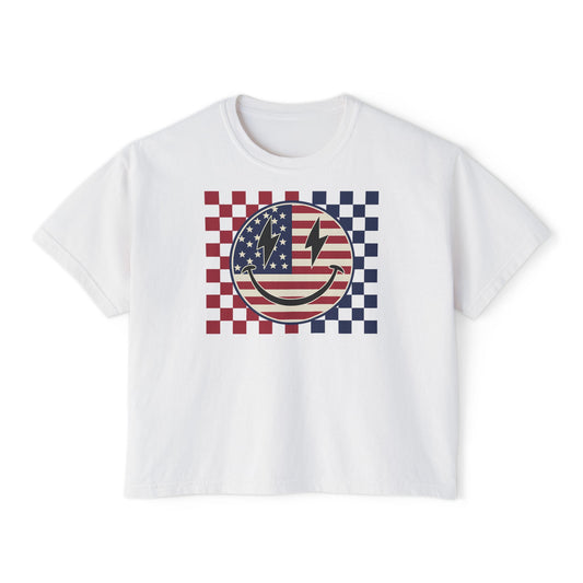 American Flag Smiley Boxy Tee – Patriotic Checkerboard Graphic