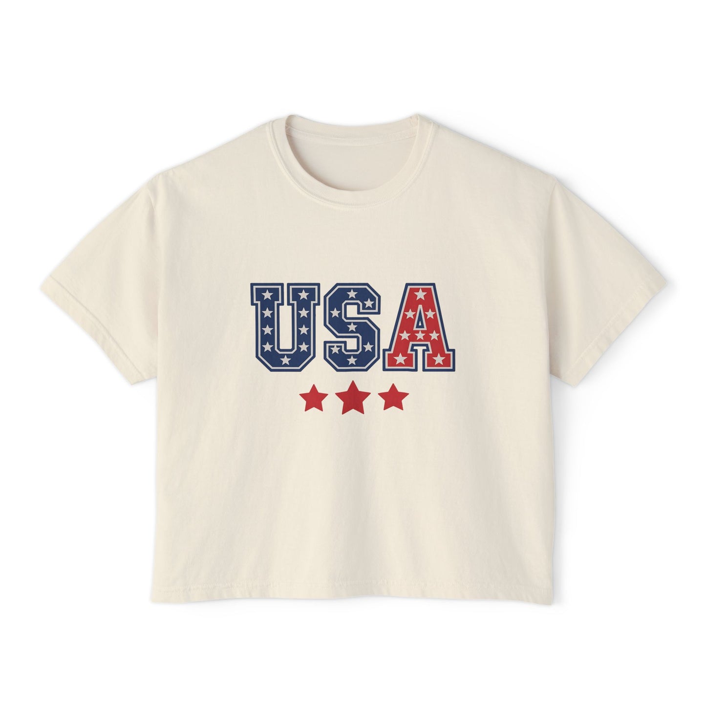 USA Patriotic Boxy Tee — Stars & Stripes Graphic for 4th of July