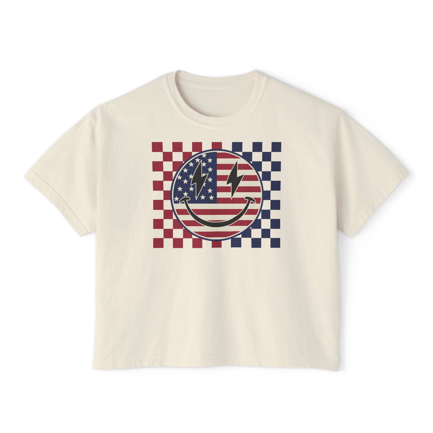 American Flag Smiley Boxy Tee – Patriotic Checkerboard Graphic