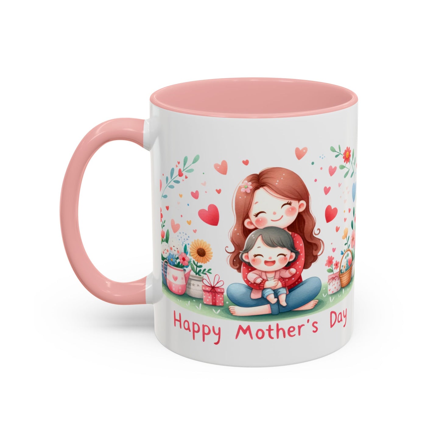 Mother's Day Coffee Mug – Sweet Mom and Child Illustration, "Happy Mother's Day" Accent Mug (11/15oz)