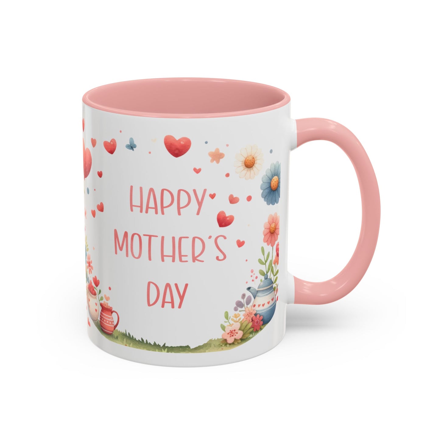 Mother’s Day Accent Coffee Mug — Pink Floral Hearts "Happy Mother's Day"